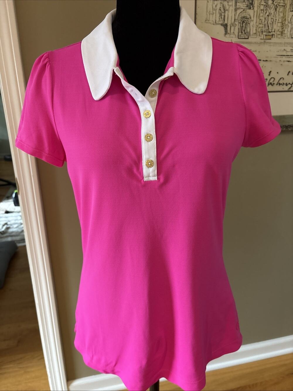 Lilly Pulitzer Luxletic Hot Pink Short Slv white Polo Golf pickleball top Size M
